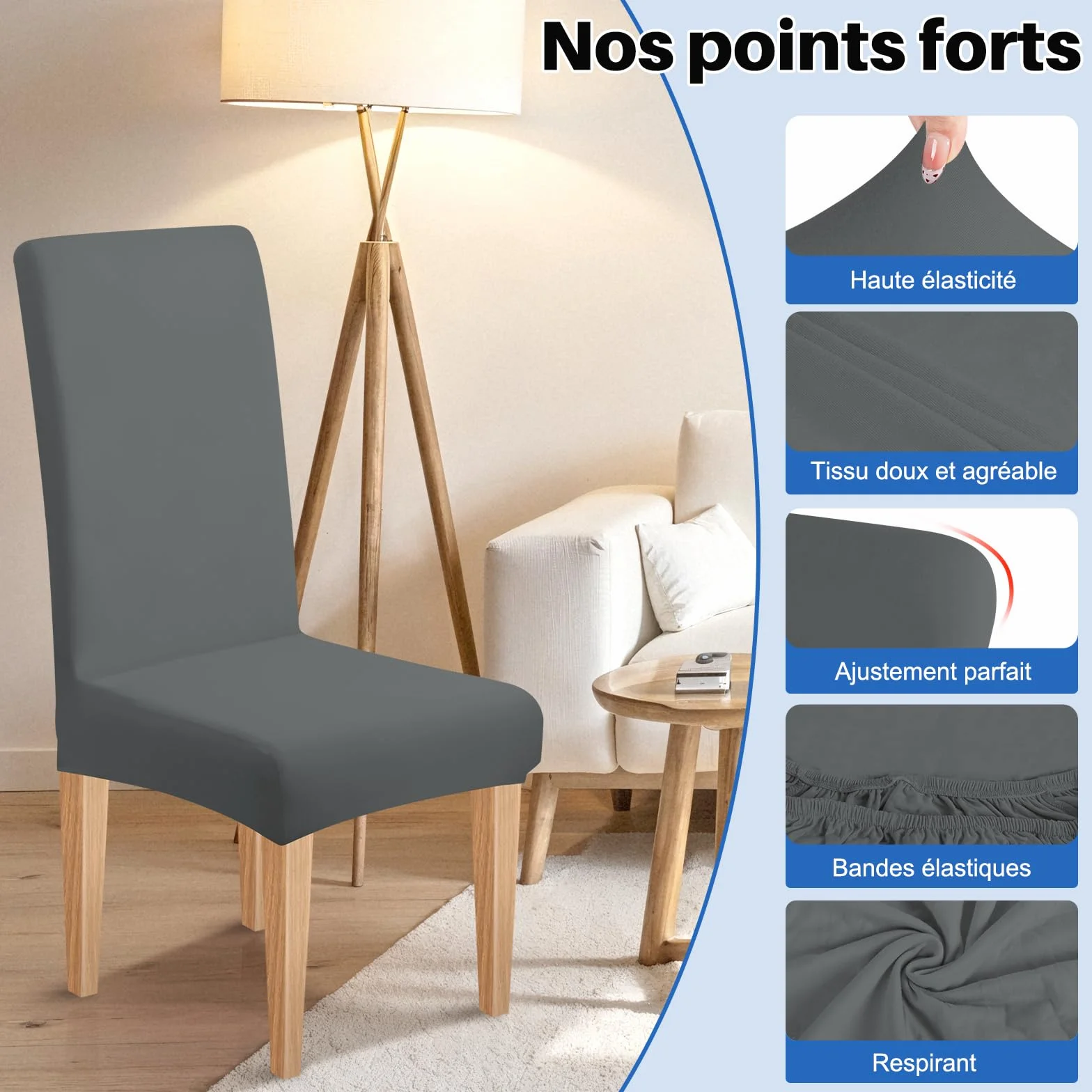 Housse de Chaise Extensible 4 Pièces Amovible Lavable Gris pour Salle à Manger Hôtel