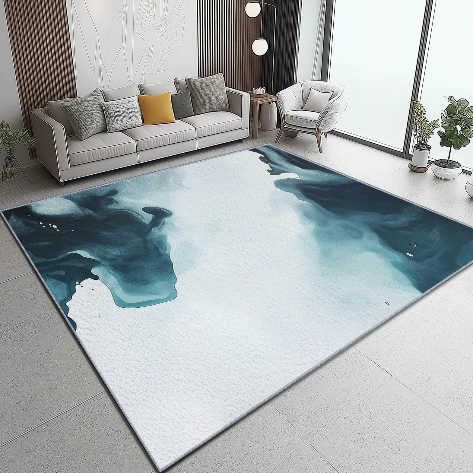 Grand Tapis Motif Aquarelle Abstraite Antidérapant Shaggy 80 x 150 cm Gris Bleu