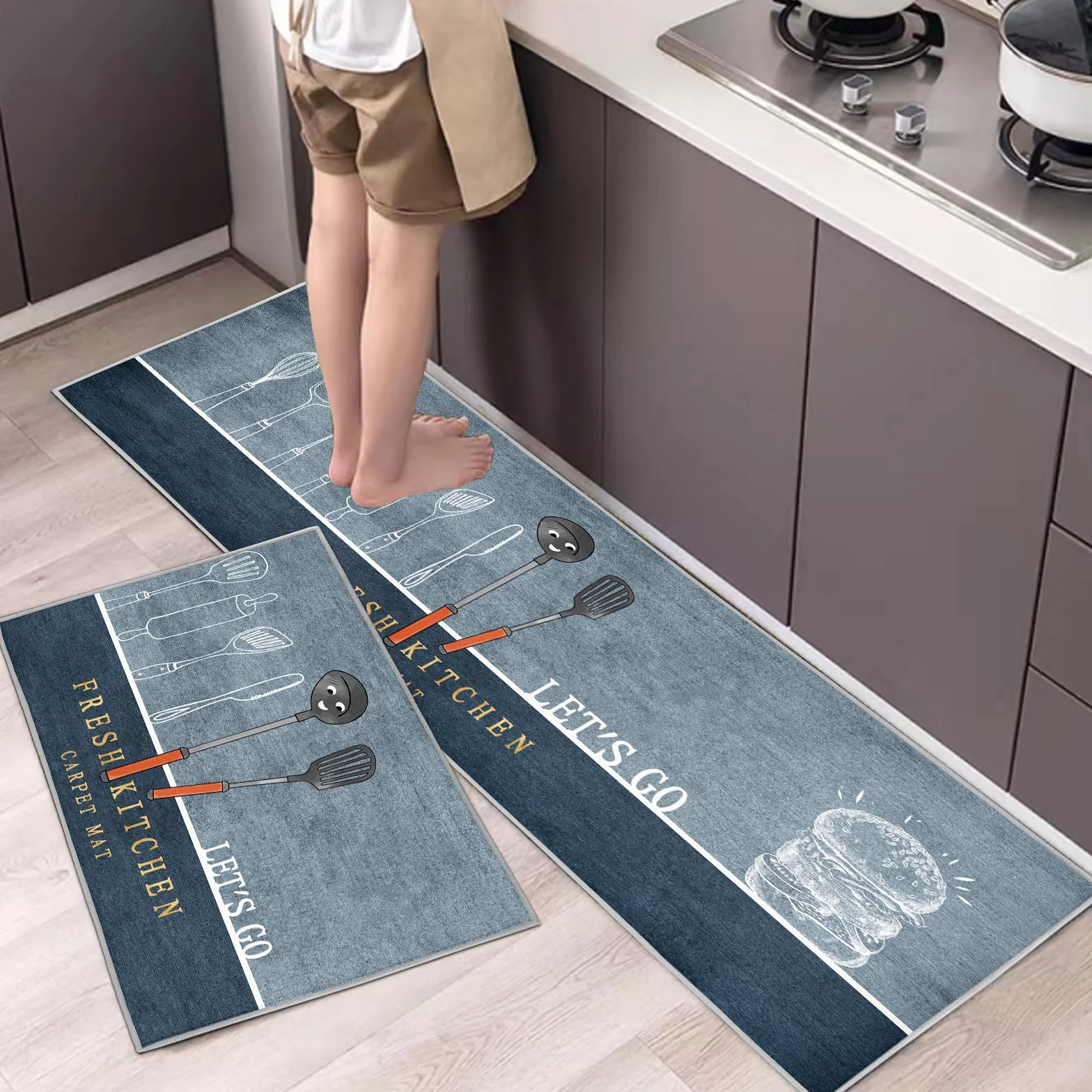 Tapis de Cuisine antidérapants Lot de 2, Absorbe l'eau et l'huile, Résistant à la poussière, Intérieur, Hamburger, 43 x 75 + 43 x 150 cm