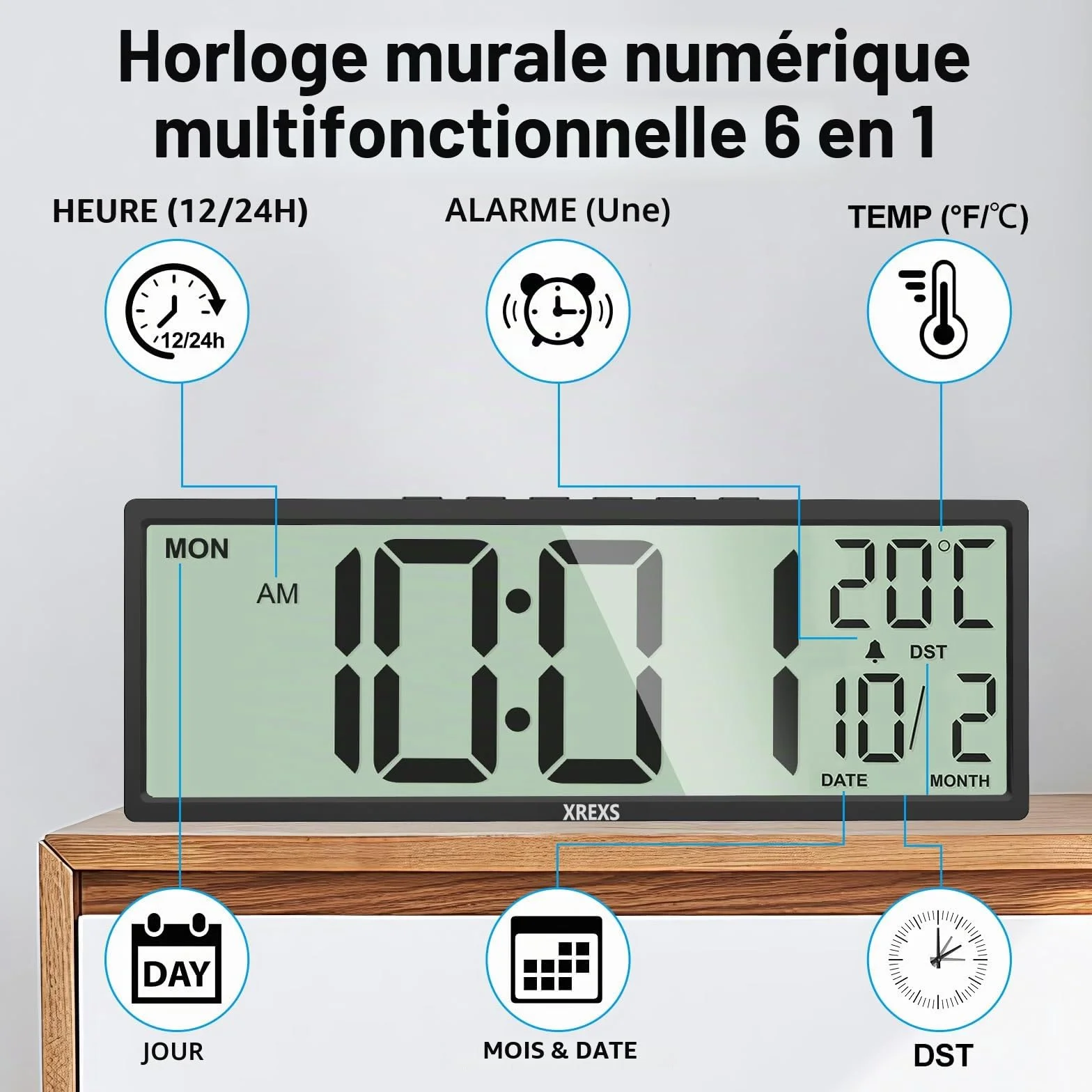 XREXS Horloge Murale Numérique 14,5 Pouces Heure Calendrier Température DST Piles Noir