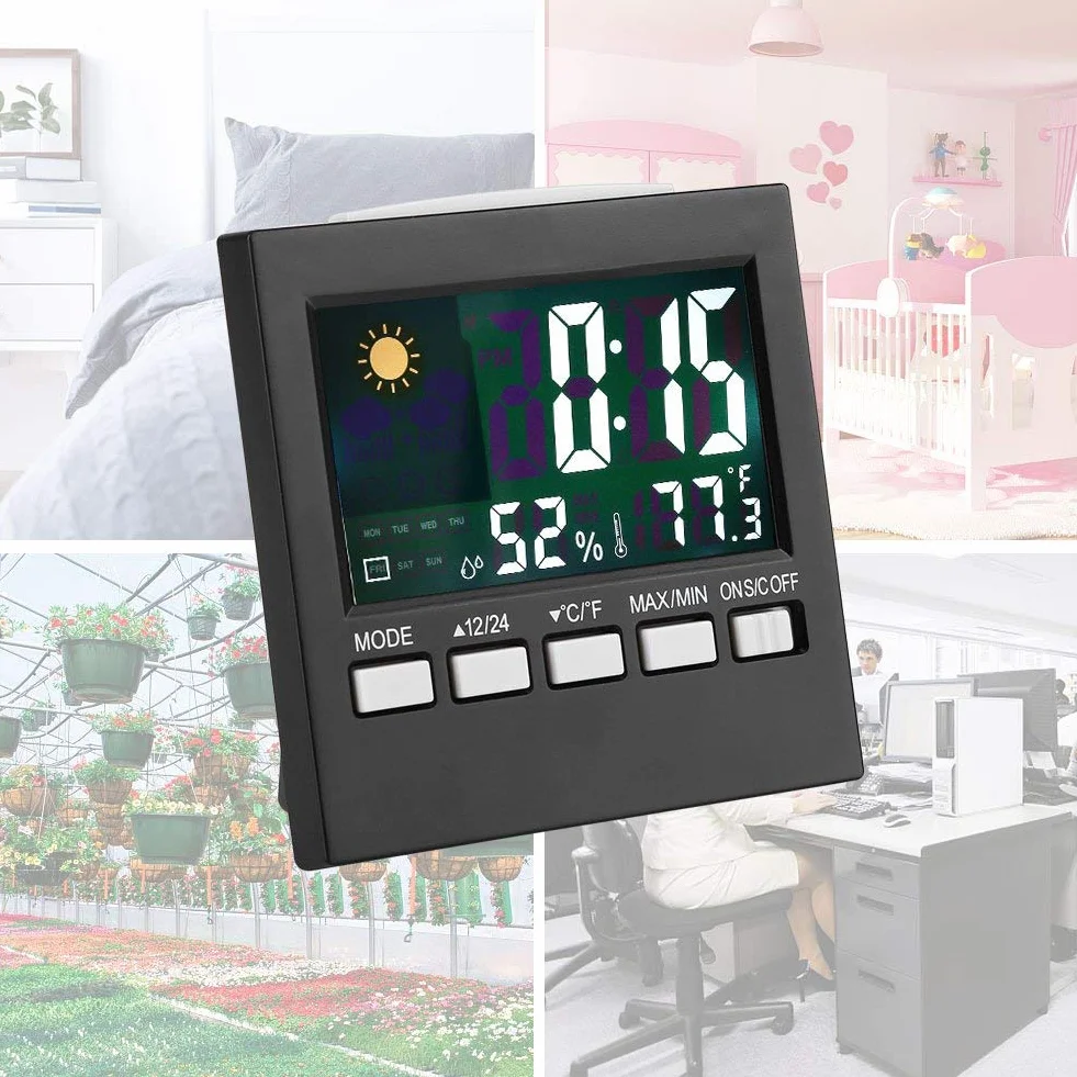 Réveil numérique avec thermomètre et calendrier, affichage température humidité rétroéclairé portable pour chambre salon