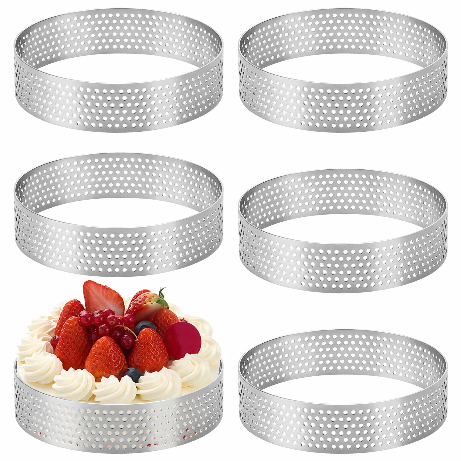 Cercle à Pâtisserie Ø 8 cm 6 Pièces, Acier Inoxydable 430 Perforé, Moule à Tartes Gâteaux Pizzas