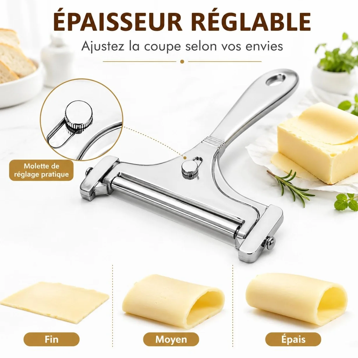 Trancheur à fromage manuel inox 4 fils de rechange réglable coupe-beurre portable argent brillant