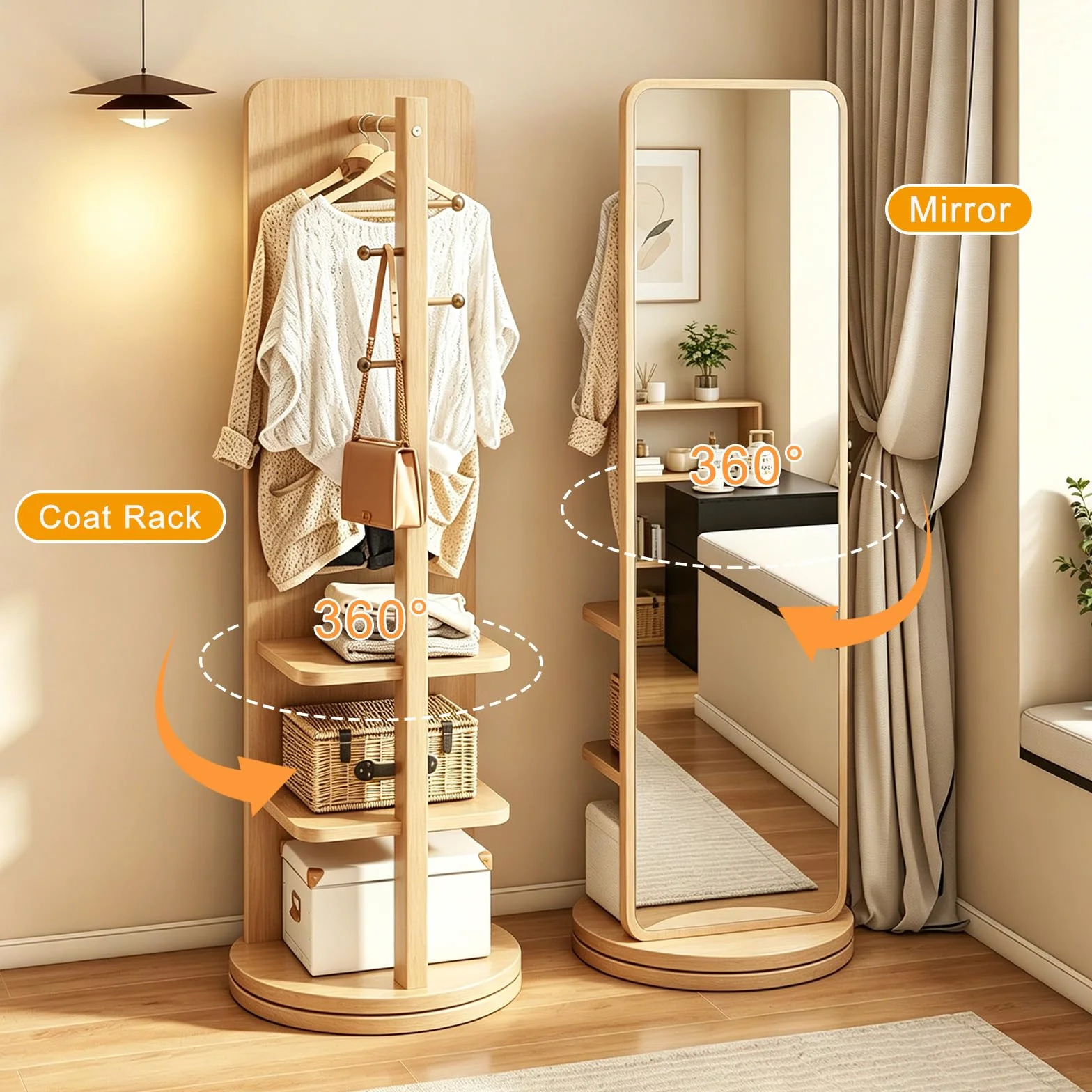 Miroir Pleine Longueur Rotatif à 360° avec Portemanteau en Bois Massif pour Chambre