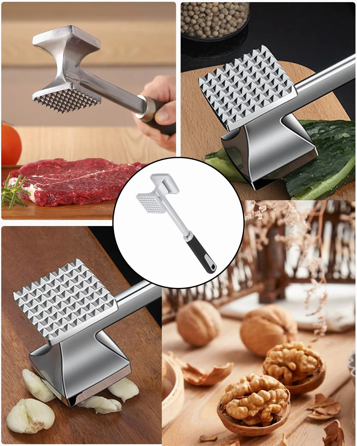 Attendrisseur de Viande en INOX 27 cm Marteau à Steak Double Face avec Manche Antidérapant
