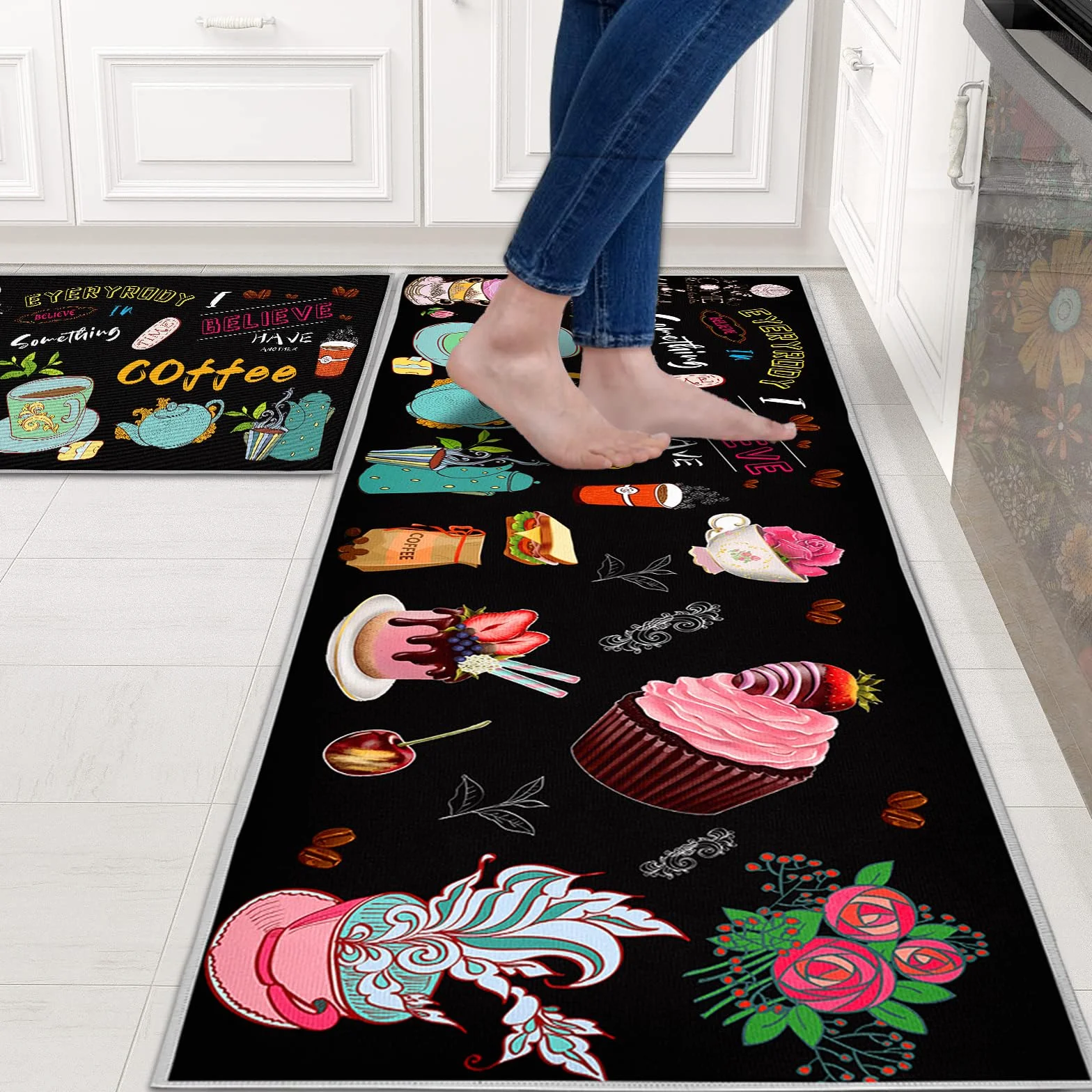 Lot de 2 tapis de cuisine lavables antidérapants imperméables café 40x60 40x120 cm