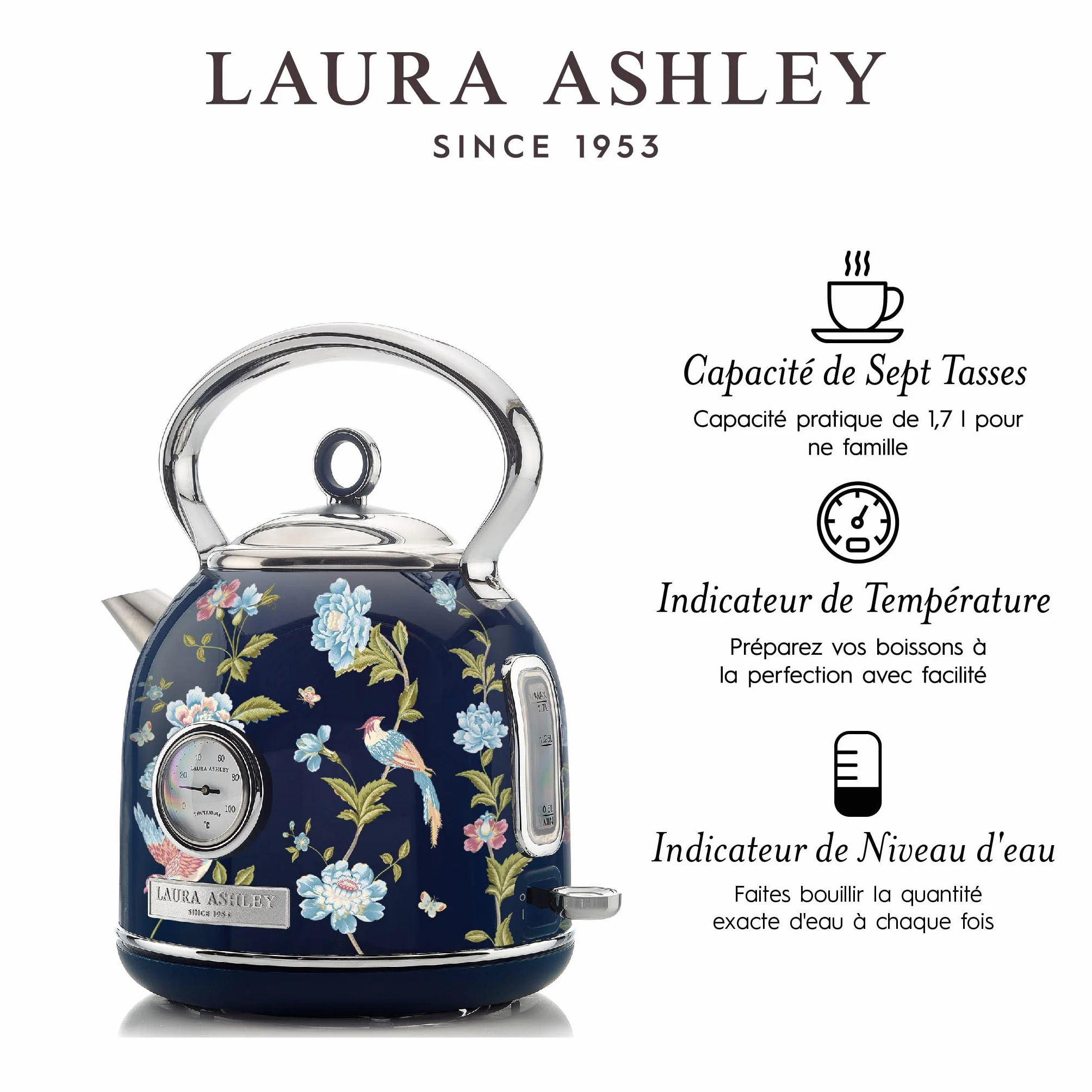 Laura Ashley VQ Bouilloire Électrique 1,7 L Grille-Pain 2 Tranches Elveden Bleu