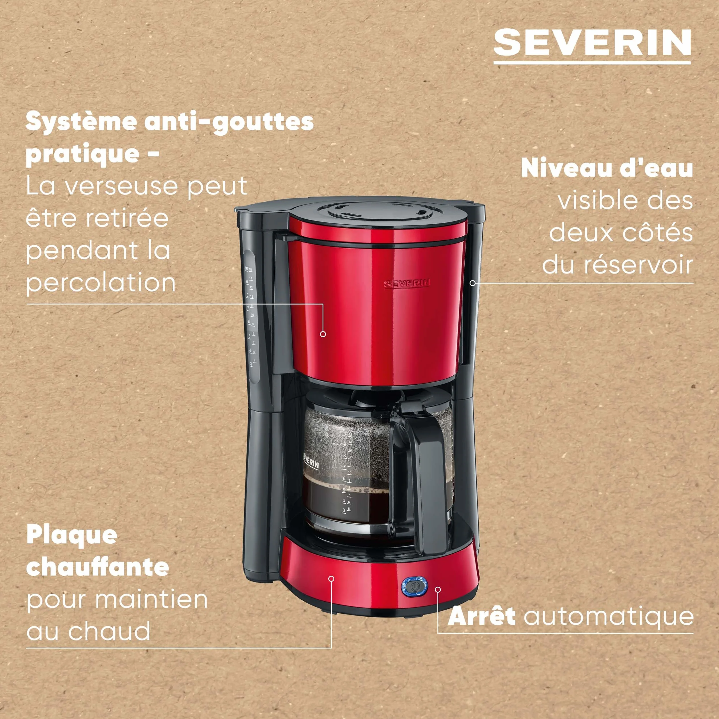 SEVERIN Cafetière Filtre 1000W 1,4L 10 tasses Porte-filtre amovible Anti-goutte Noir Rouge KA 4817