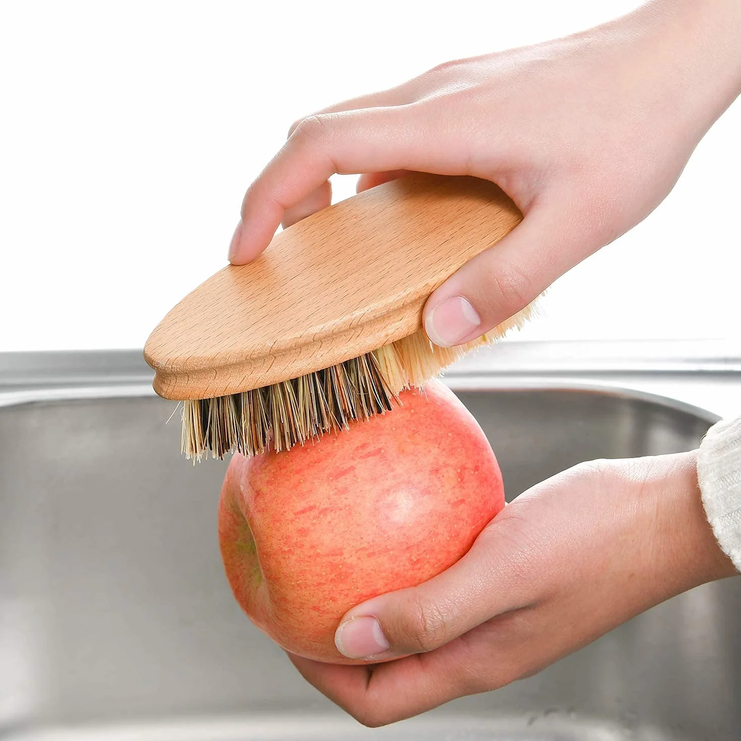Brosse à légumes Veggie côté dur et doux manche en bois sisal outils de nettoyage fruits