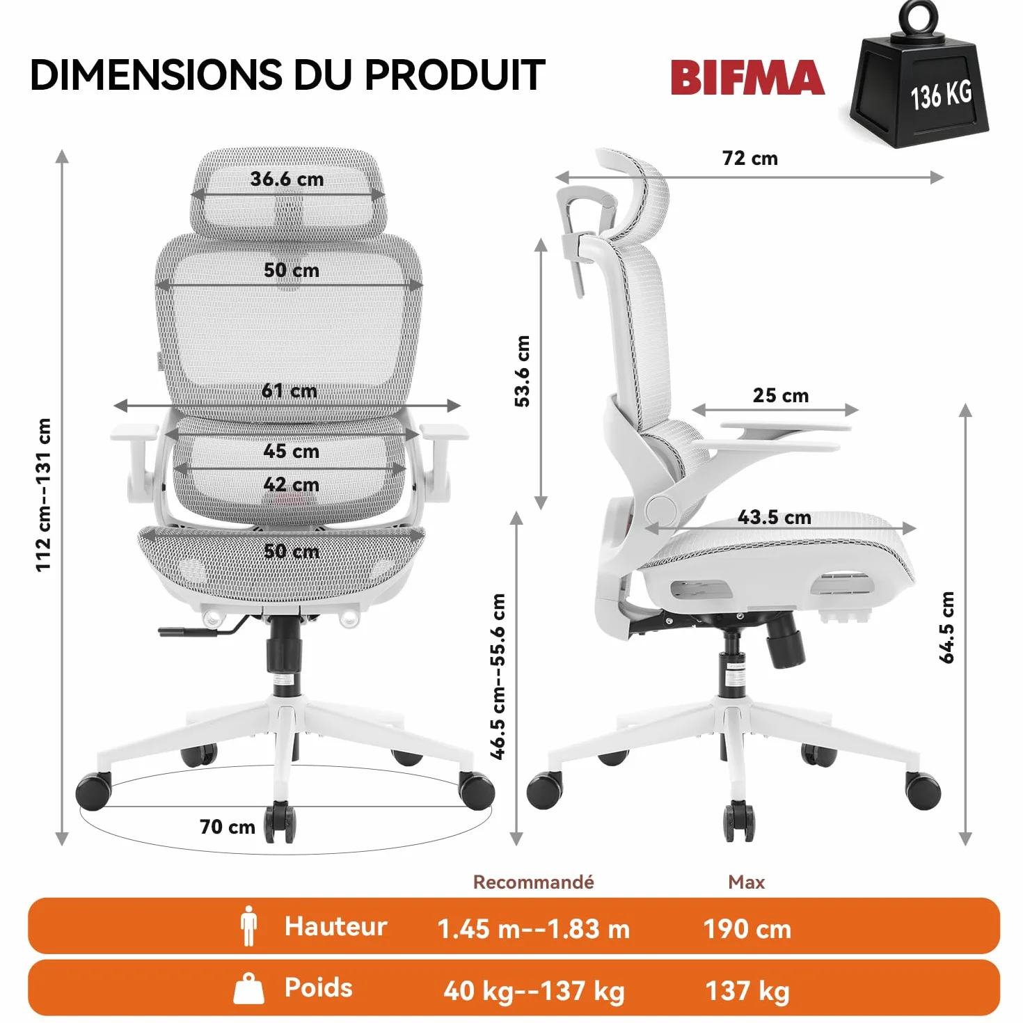 SIHOO B100 Chaise de Bureau Ergonomique Maille Respirante Support Lombaire Inclinaison 90-135° Gris Blanc