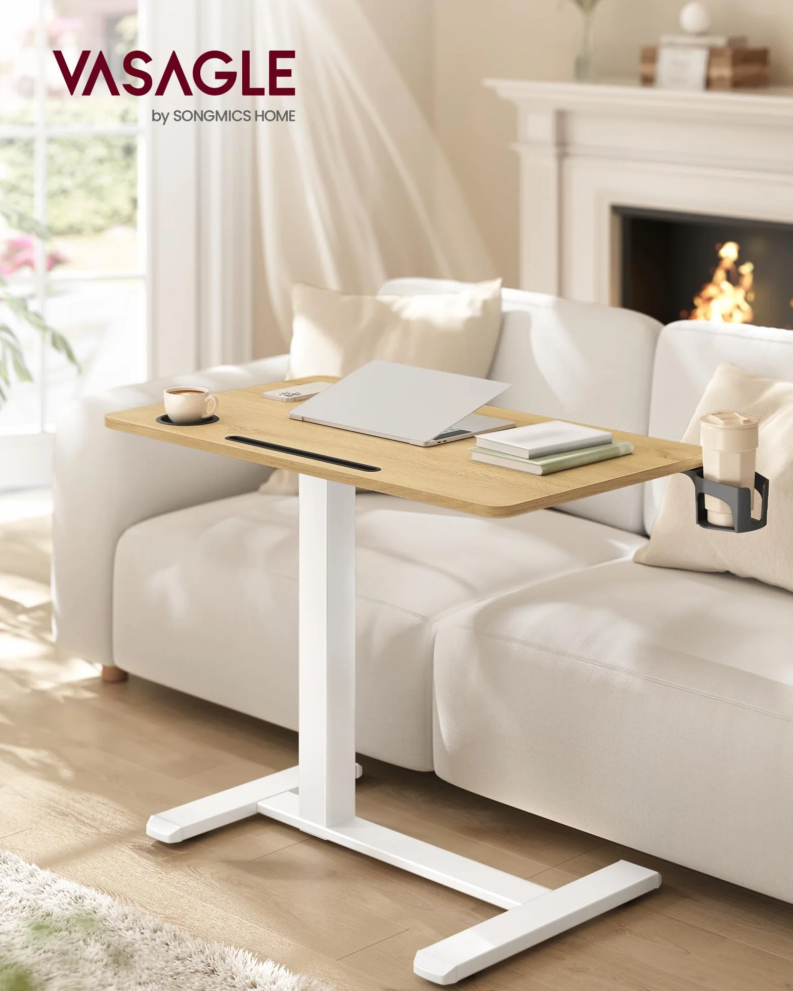 VASAGLE Bureau Assis-Debout sur roulettes, Table Réglable en Hauteur 80x45 cm, Doré Chêne