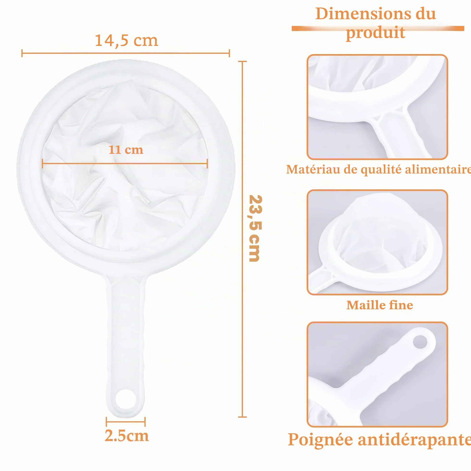 Tamis Fin Nylon 200 Mesh avec Poignée pour Cuisine Jus Lait Café