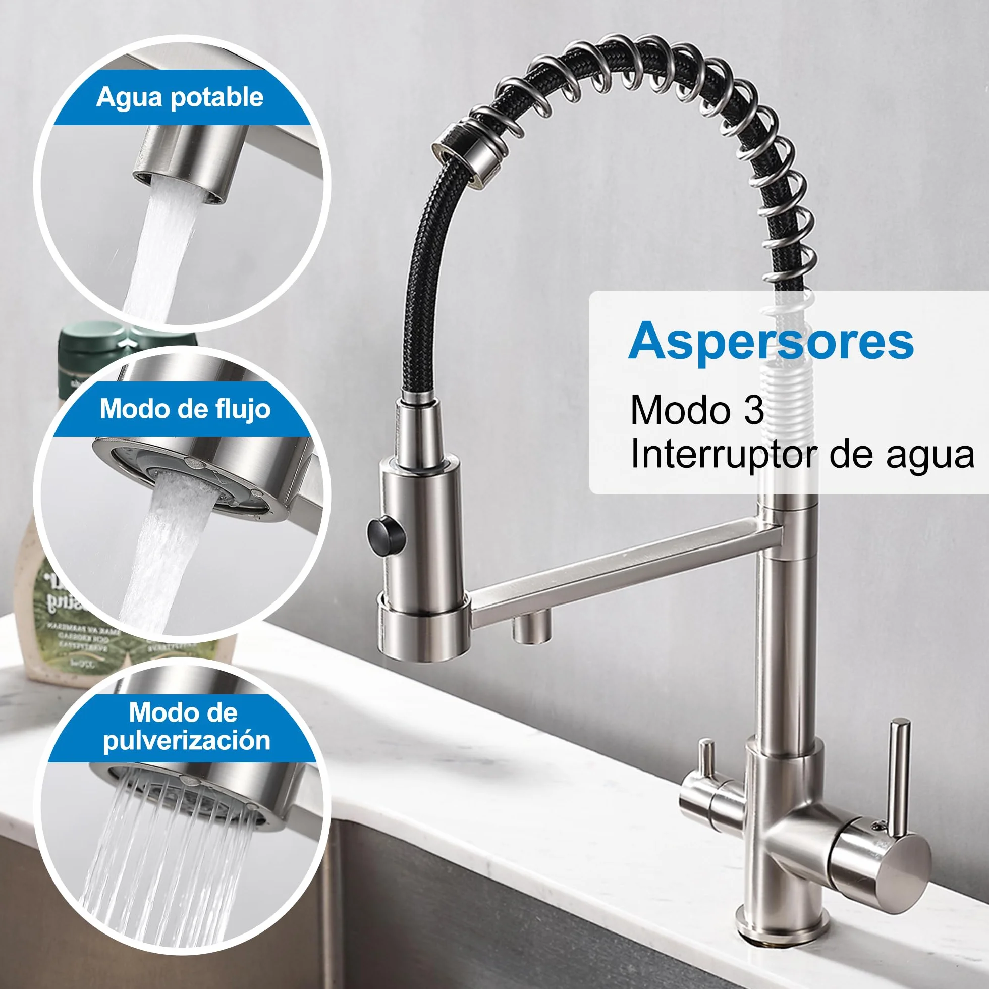 Robinet de cuisine 3 voies extensible en laiton 3 en 1 pour filtre à eau Nickel brossé